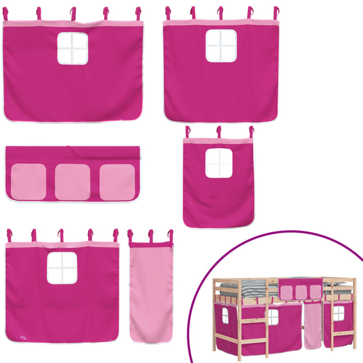 højseng med gardiner 90x190 cm massivt fyrretræ pink