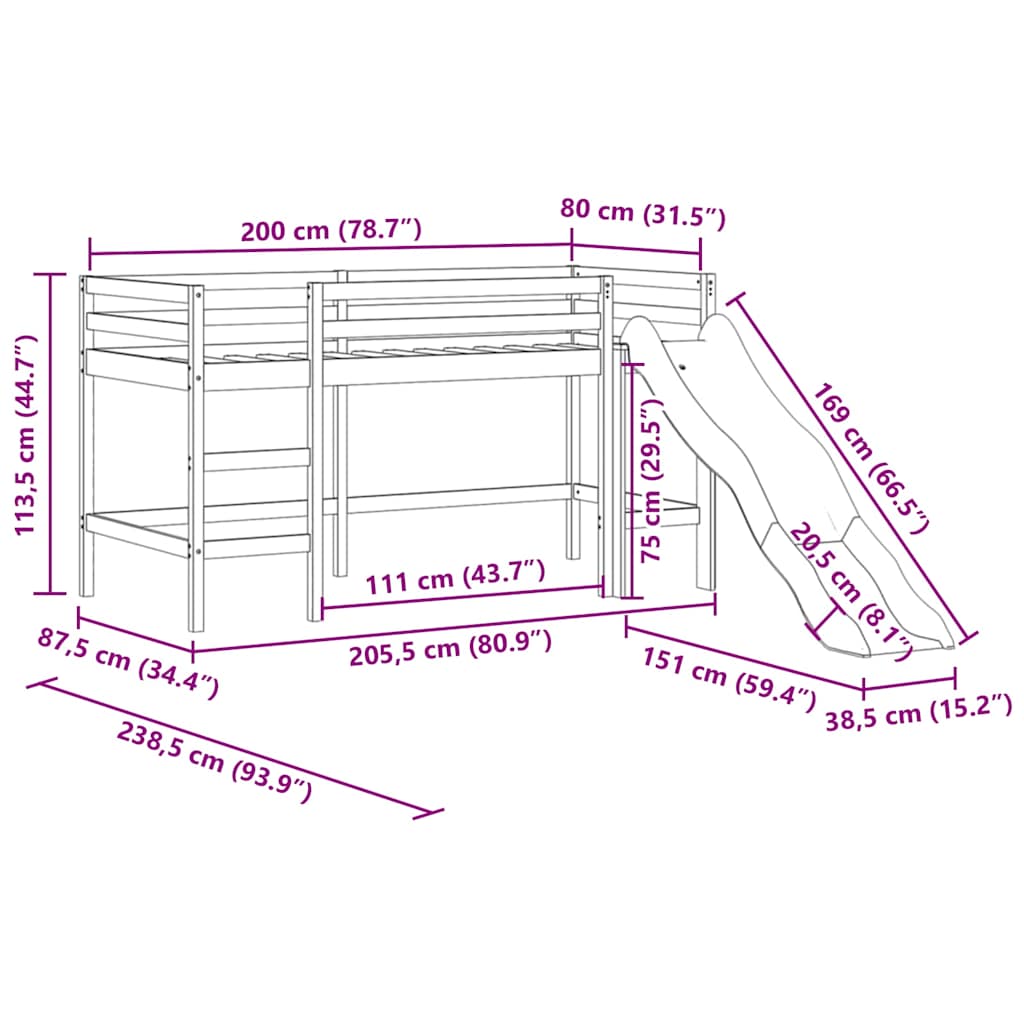 højseng med rutsjebane 80x200 cm massivt fyrretræ sort