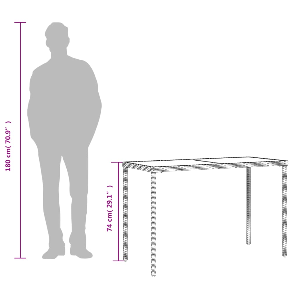 havebord med glastop 115x54x74 cm polyrattan grå