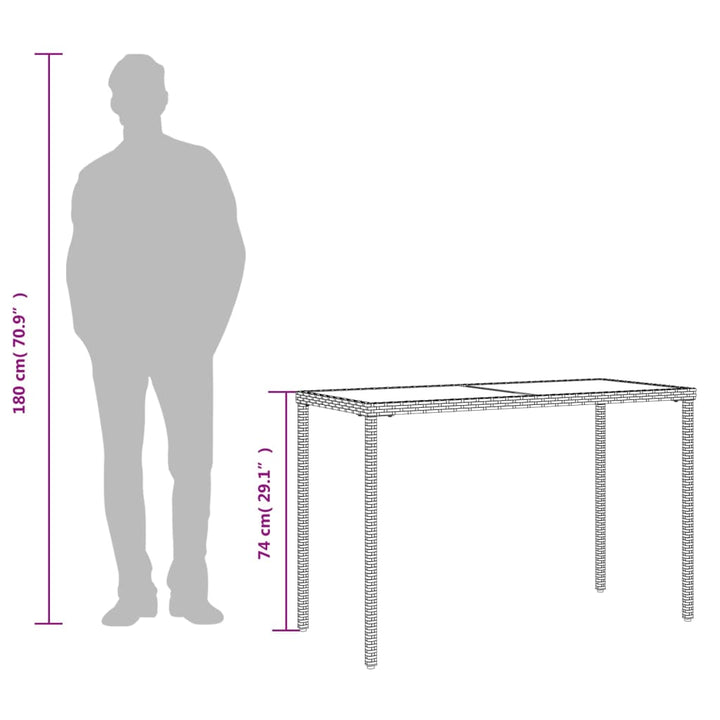 havebord med glastop 115x54x74 cm polyrattan lysegrå