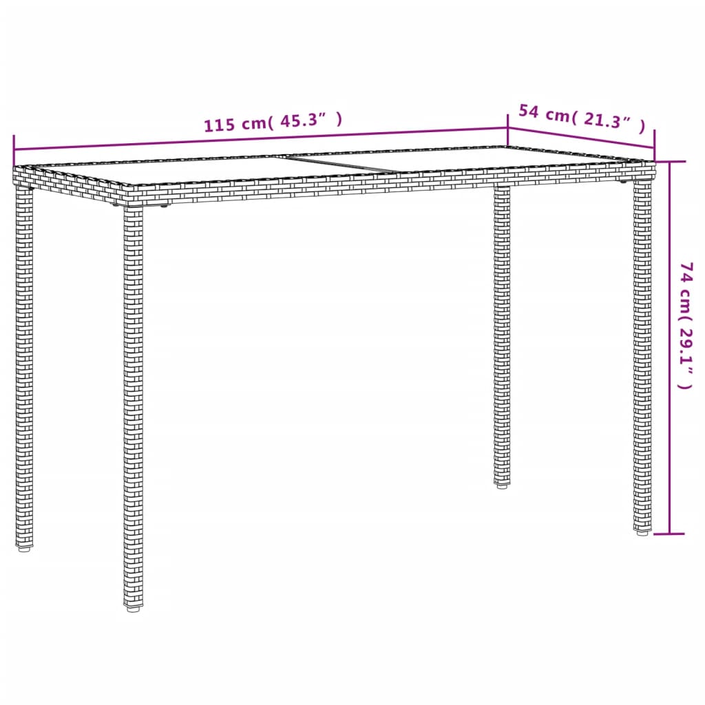 havebord med glastop 115x54x74 cm polyrattan lysegrå