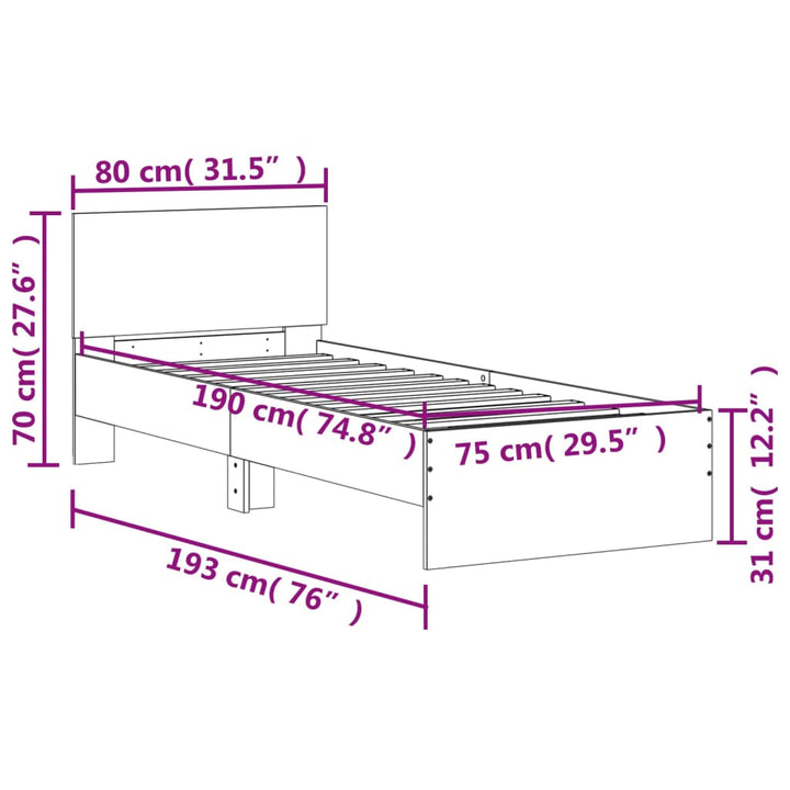 sengeramme med sengegavl 75x190 cm konstrueret træ betongrå