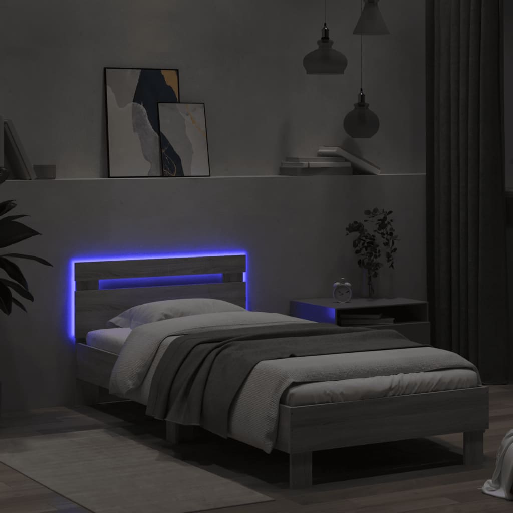 sengeramme med sengegavl og LED-lys 90x200 cm grå sonoma-eg