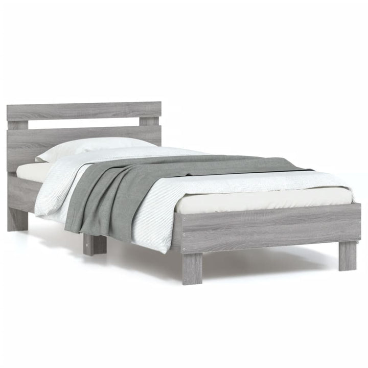 sengeramme med sengegavl og LED-lys 90x200 cm grå sonoma-eg