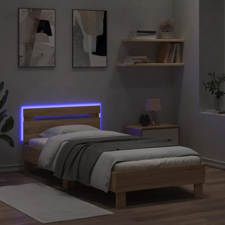 sengeramme med sengegavl og LED-lys 90x190 cm sonoma-eg