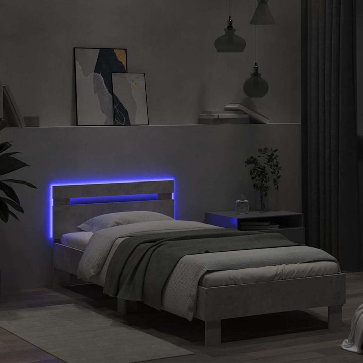 sengeramme med sengegavl og LED-lys 90x190 cm betongrå
