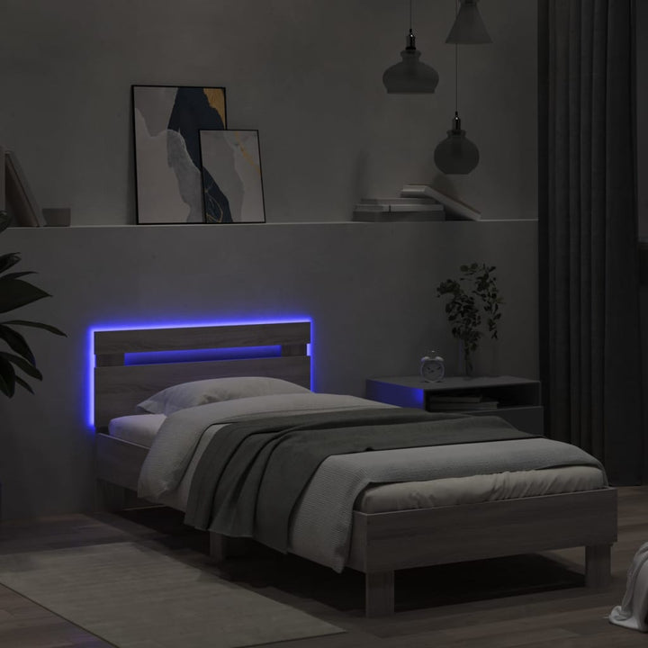 sengeramme med sengegavl og LED-lys 90x190 cm grå sonoma-eg