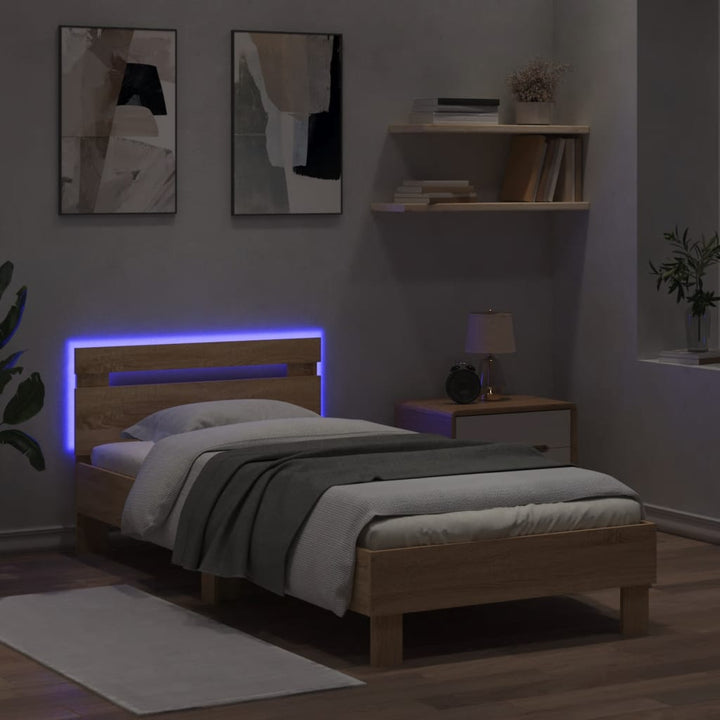 sengeramme med sengegavl og LED-lys 75x190 cm sonoma-eg