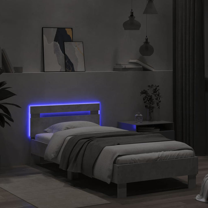 sengeramme med sengegavl og LED-lys 75x190 cm betongrå