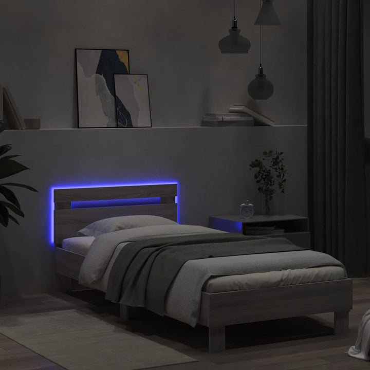 sengeramme med sengegavl og LED-lys 75x200 cm grå sonoma-eg