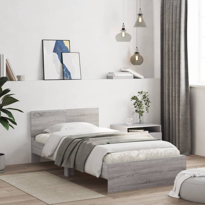 sengeramme med sengegavl og LED-lys 100x200 cm grå sonoma-eg