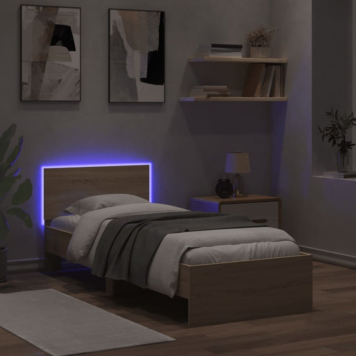 sengeramme med sengegavl og LED-lys 90x200 cm sonoma-eg
