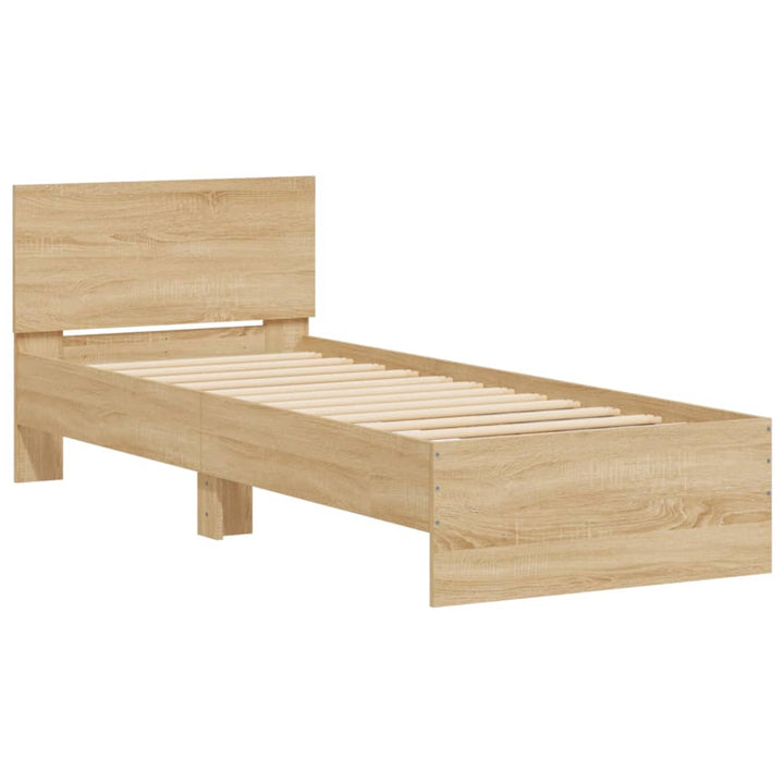 sengeramme med sengegavl og LED-lys 90x200 cm sonoma-eg