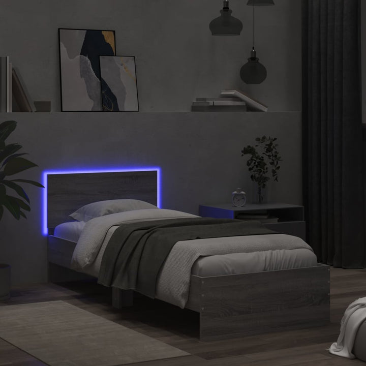 sengeramme med sengegavl og LED-lys 90x200 cm grå sonoma-eg