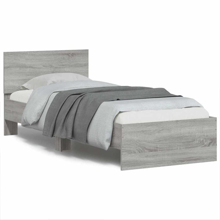sengeramme med sengegavl og LED-lys 90x190 cm grå sonoma-eg