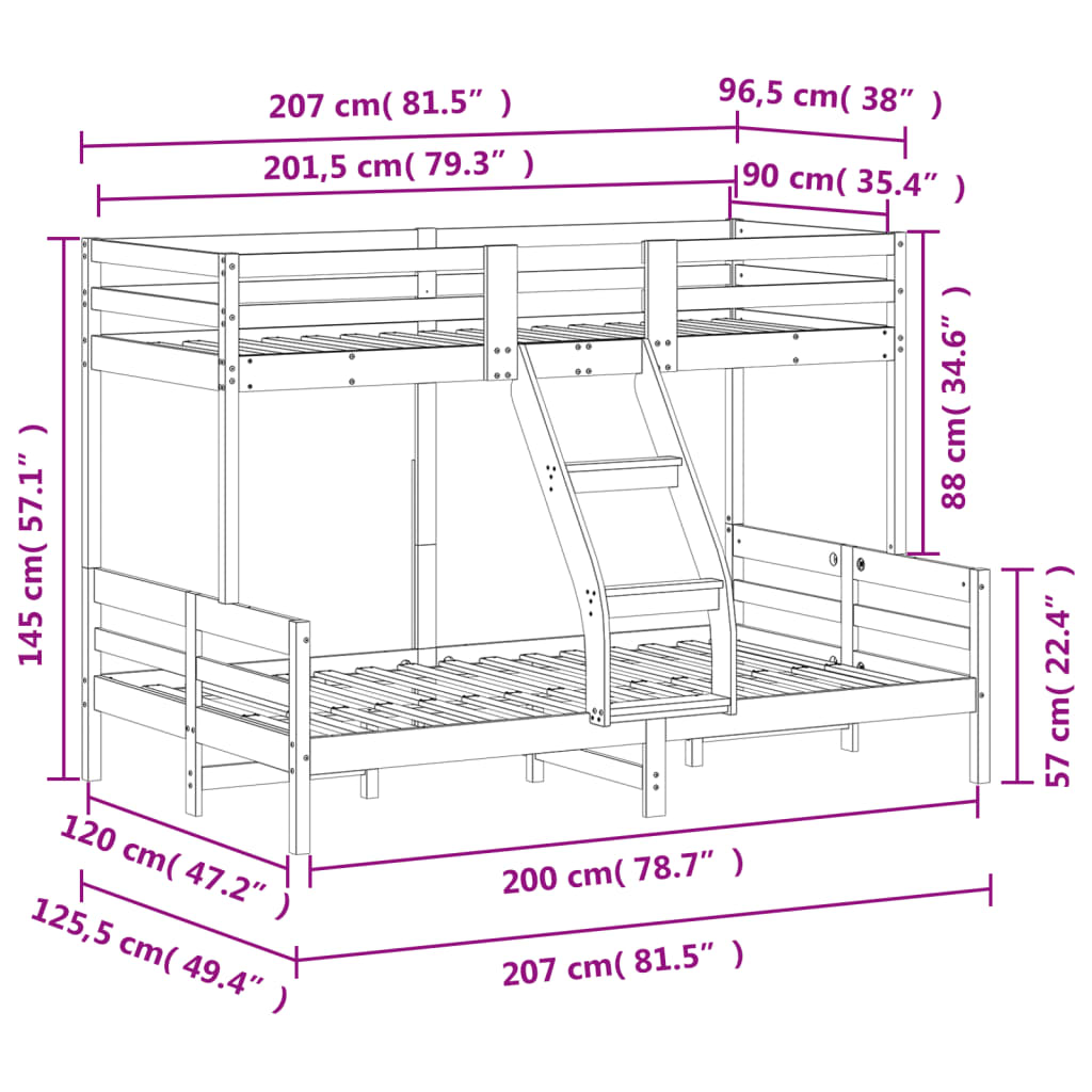 køjeseng 90x200/120x200 cm massivt fyrretræ gyldenbrun