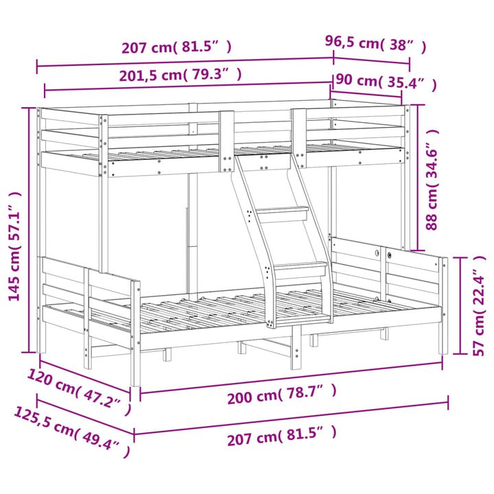 køjeseng 90x200/120x200 cm massivt fyrretræ gyldenbrun