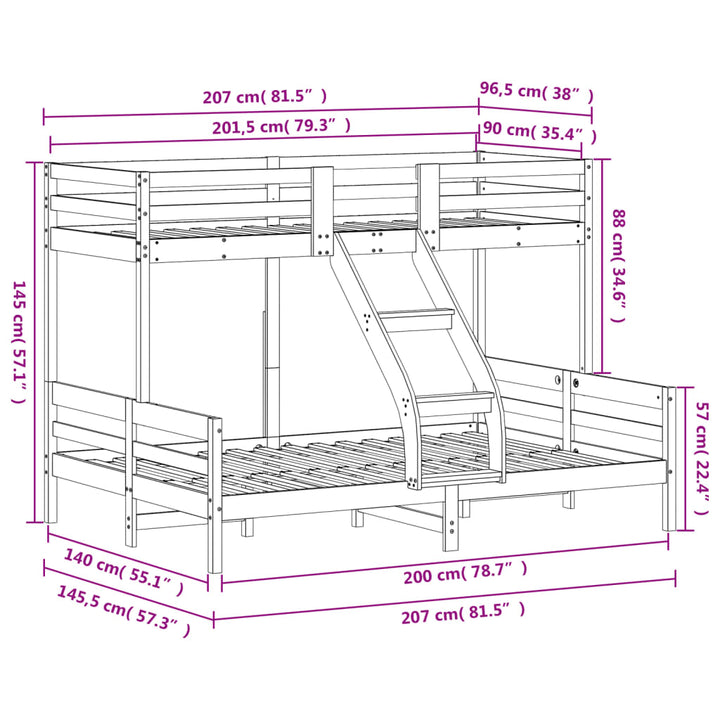 køjeseng 90x200/140x200 cm massivt fyrretræ hvid