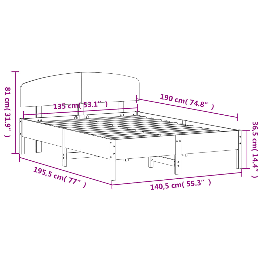 sengeramme uden madras 135x190 cm massivt fyrretræ brun