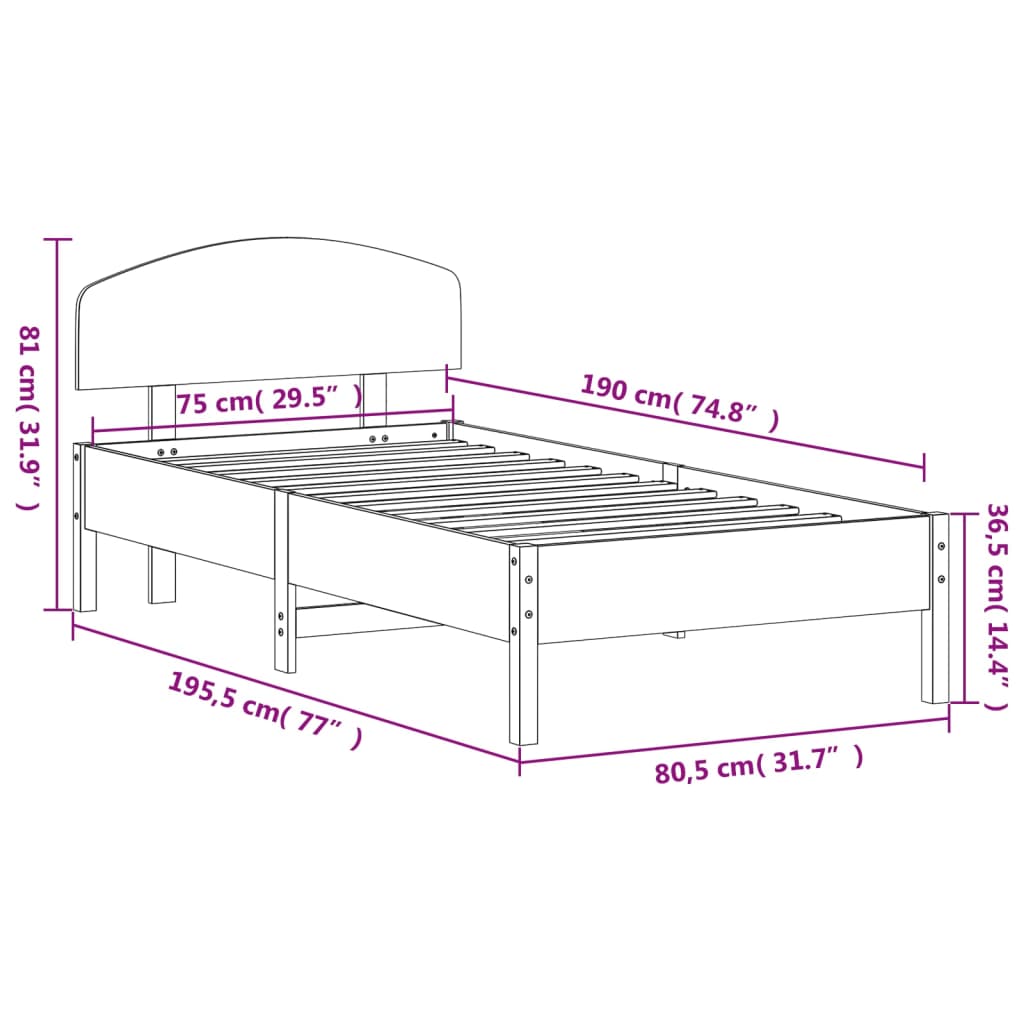 sengeramme uden madras 75x190 cm massivt fyrretræ