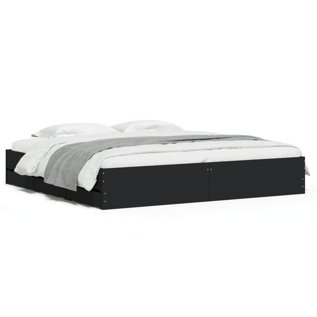 sengeramme med skuffer 200x200 cm konstrueret træ sort