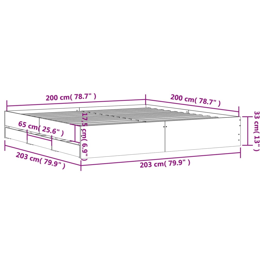sengeramme med skuffer 200x200 cm konstrueret træ grå sonoma-eg
