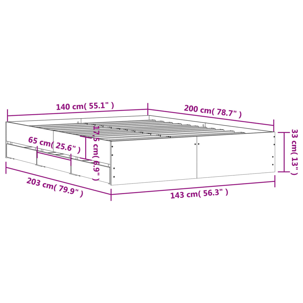 sengeramme med skuffer 140x200 cm konstrueret træ grå sonoma-eg