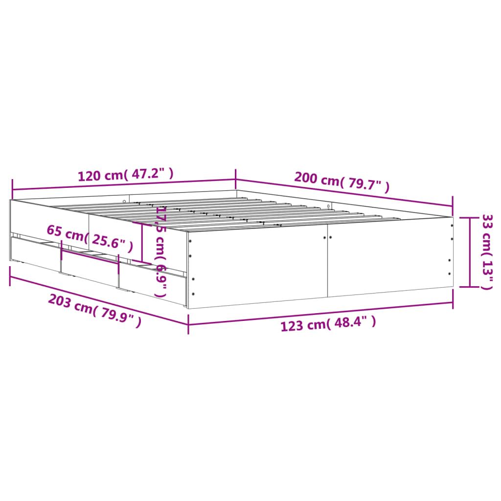 sengeramme med skuffer 120x200 cm konstrueret træ sort