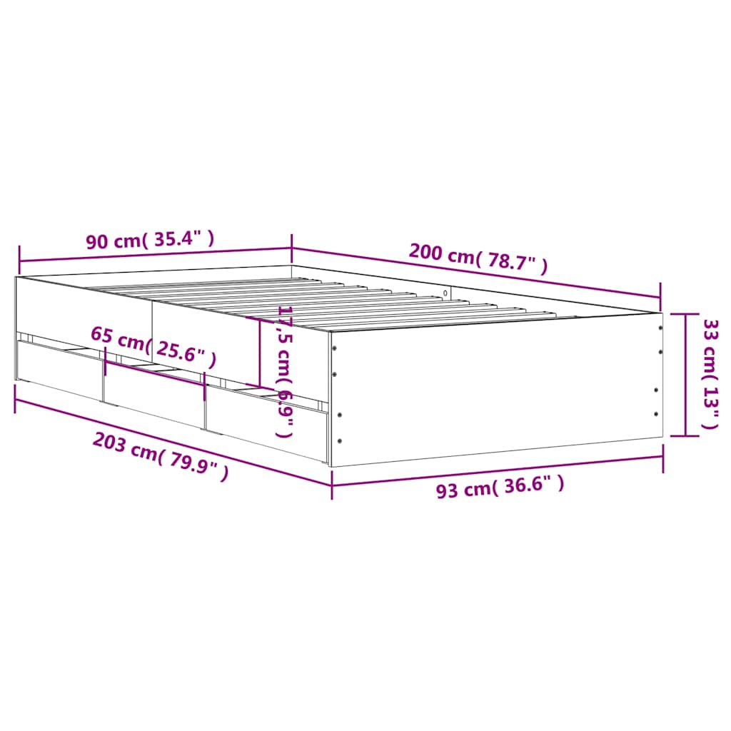 sengeramme med skuffer 90x200 cm konstrueret træ sonoma-eg