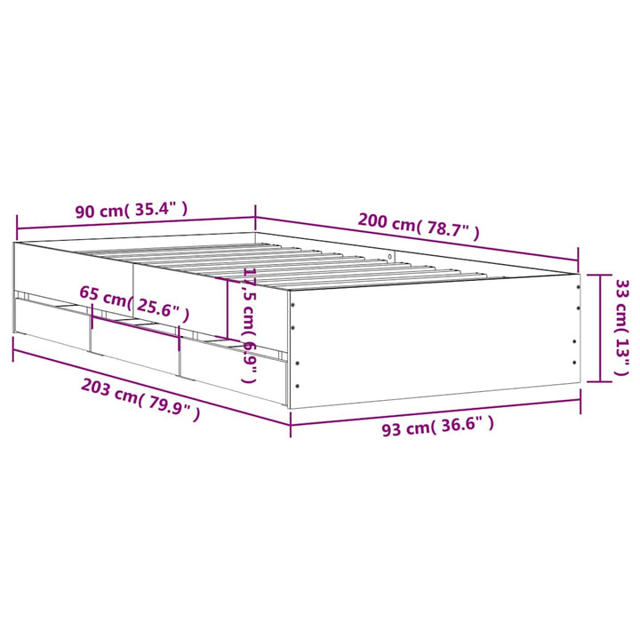 sengeramme med skuffer 90x200 cm konstrueret træ sonoma-eg