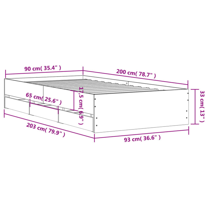 sengeramme med skuffer 90x200 cm konstrueret træ grå sonoma-eg
