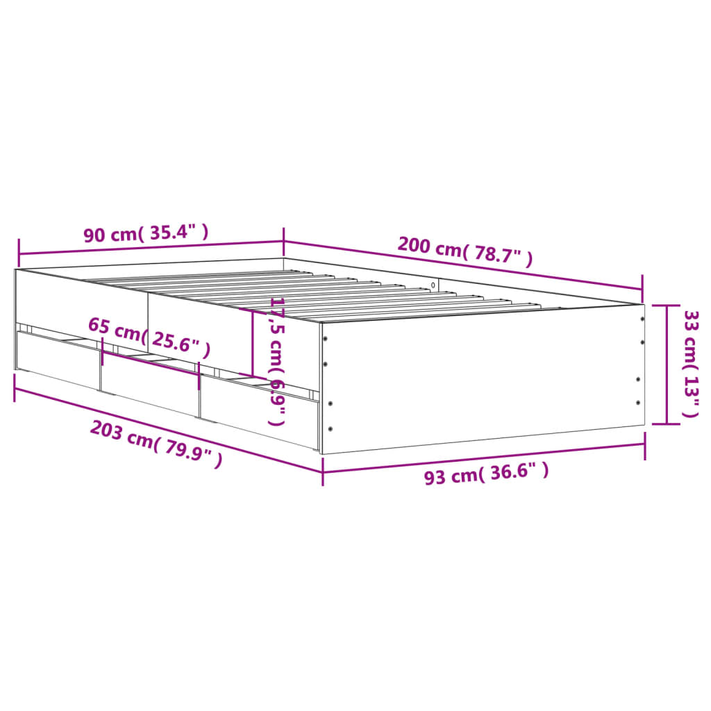 sengeramme med skuffer 90x200 cm konstrueret træ brunt egetræ