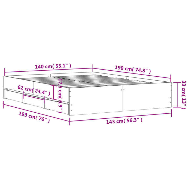 sengeramme med skuffer 140x190 cm konstrueret træ betongrå