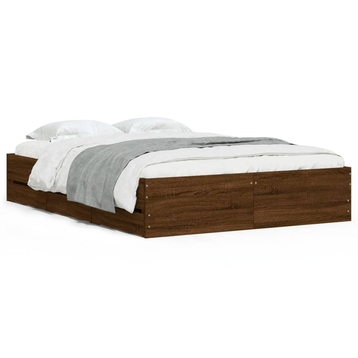 sengeramme med skuffer 135x190 cm konstrueret træ brunt egetræ