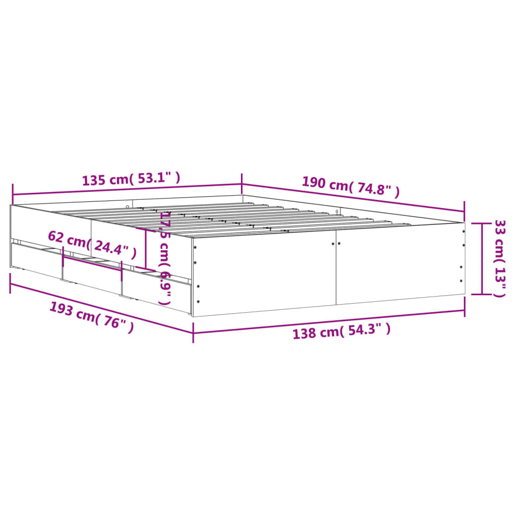 sengeramme med skuffer 135x190 cm konstrueret træ brunt egetræ