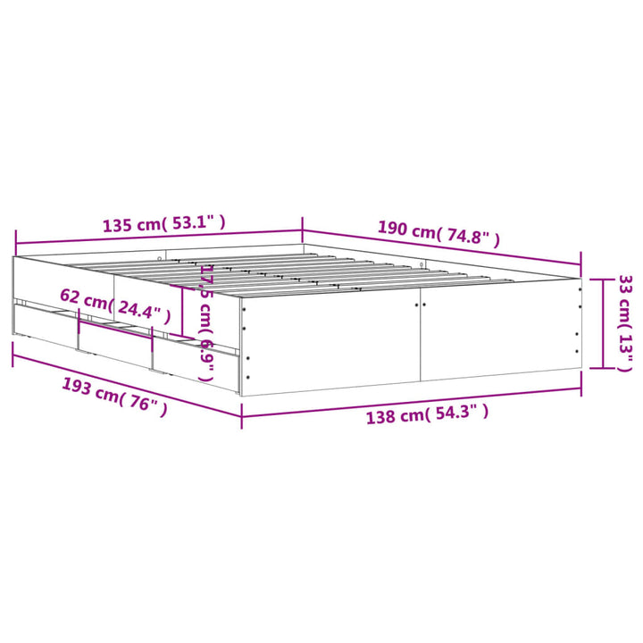 sengeramme med skuffer 135x190 cm konstrueret træ brunt egetræ