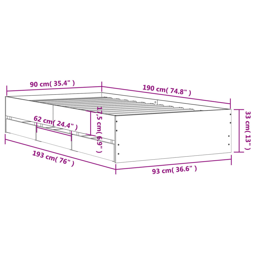 sengeramme med skuffer 90x190 cm konstrueret træ grå sonoma-eg