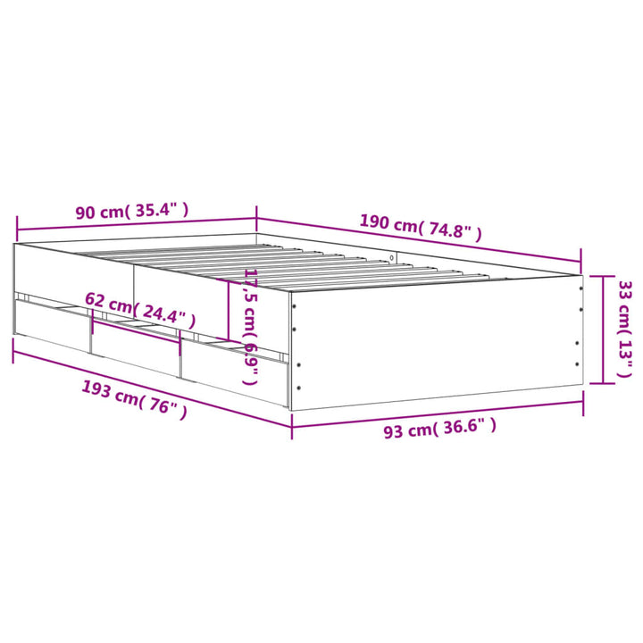 sengeramme med skuffer 90x190 cm konstrueret træ grå sonoma-eg