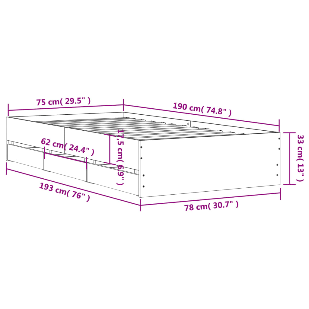 sengeramme med skuffer 75x190 cm konstrueret træ grå sonoma-eg