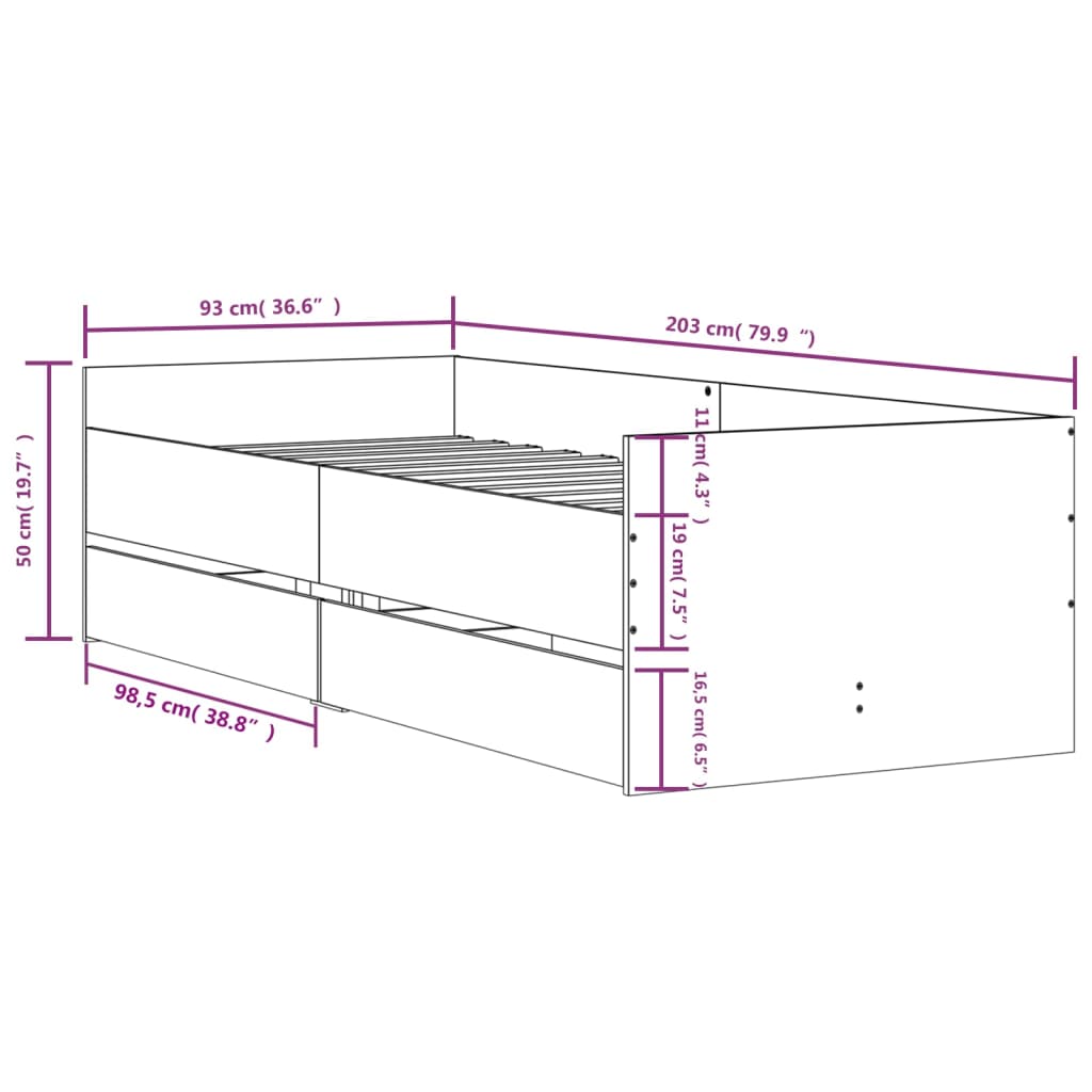 sengeramme med skuffer 100x200 cm sonoma-eg