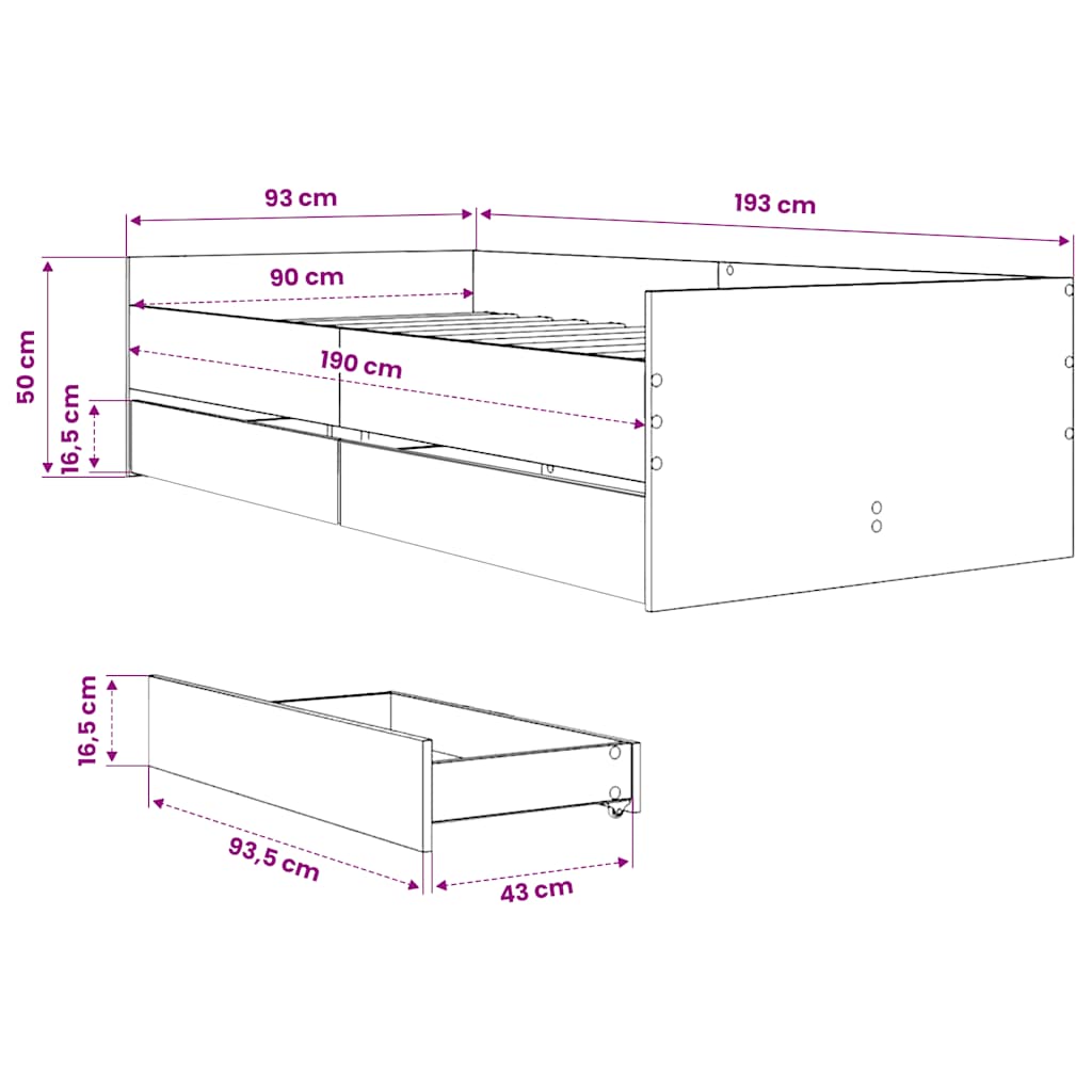 sengeramme med skuffer 90x190 cm hvid