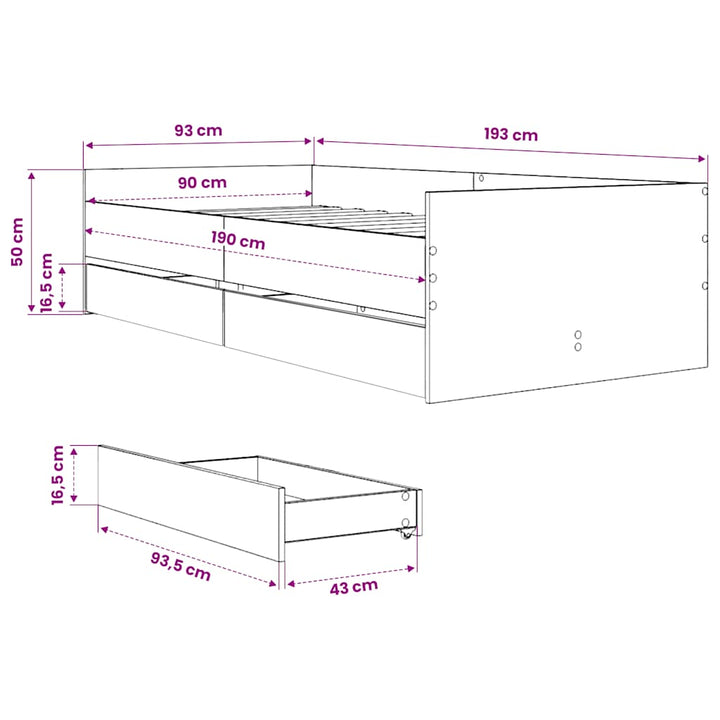 sengeramme med skuffer 90x190 cm hvid