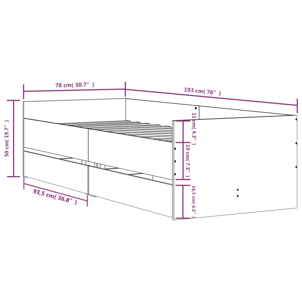 sengeramme med skuffer 75x190 cm Small Single sonoma-eg