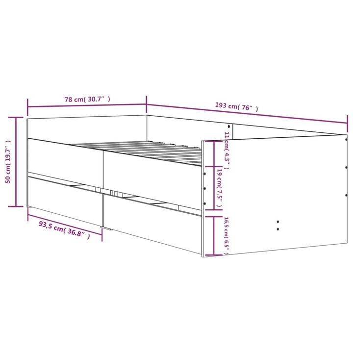 sengeramme med skuffer 75x190 cm Small Single sonoma-eg