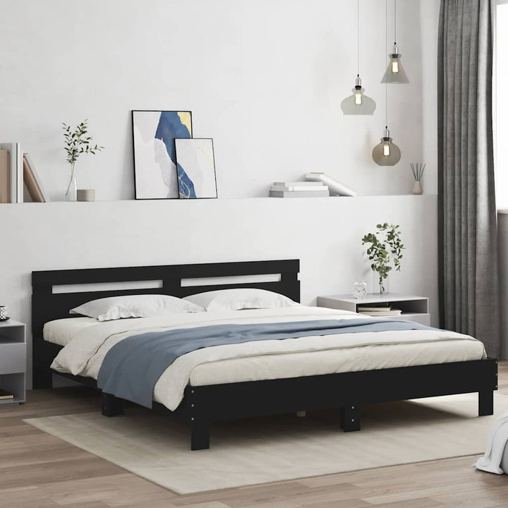 sengeramme med sengegavl 200x200 cm konstrueret træ sort