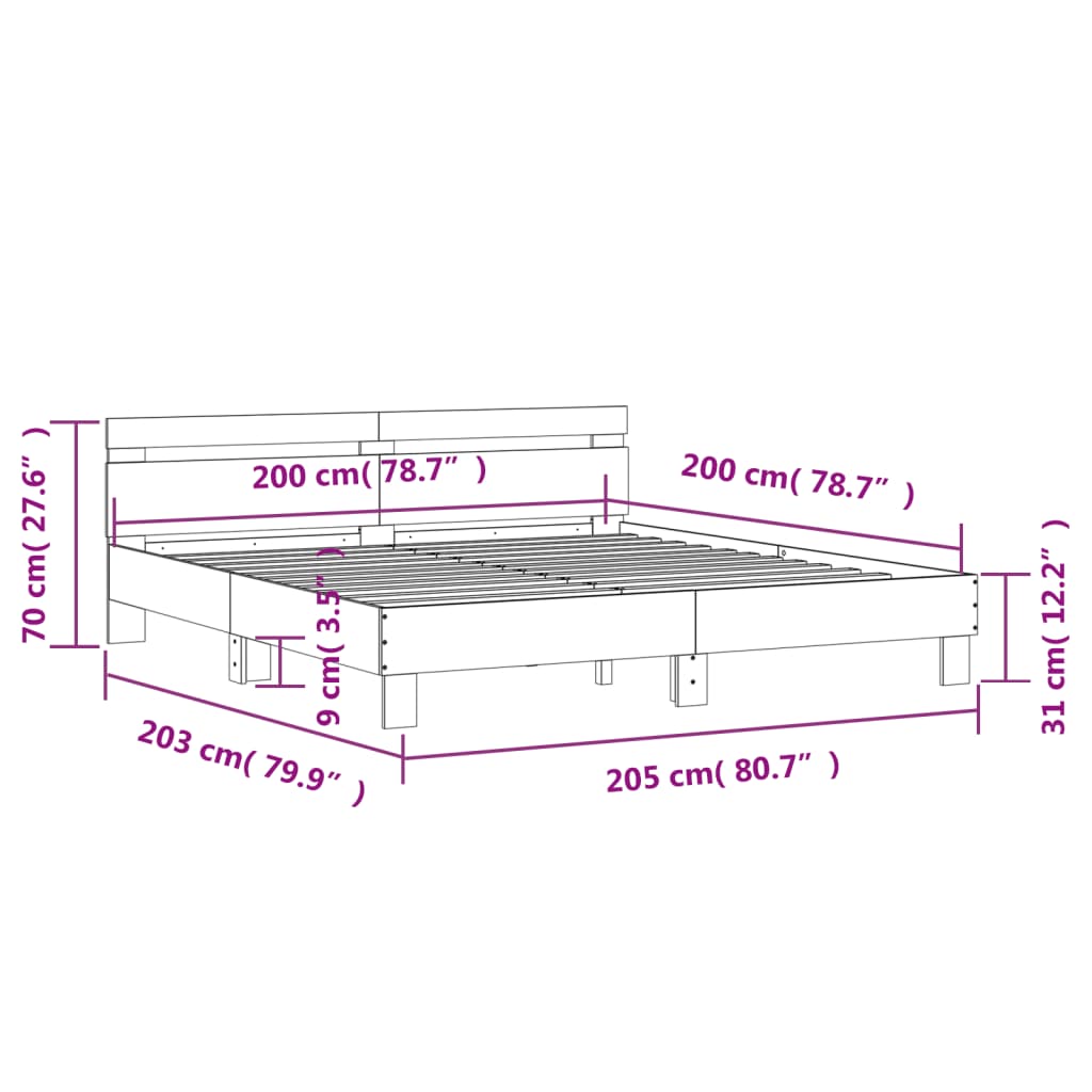 sengeramme med sengegavl 200x200 cm konstrueret træ betongrå