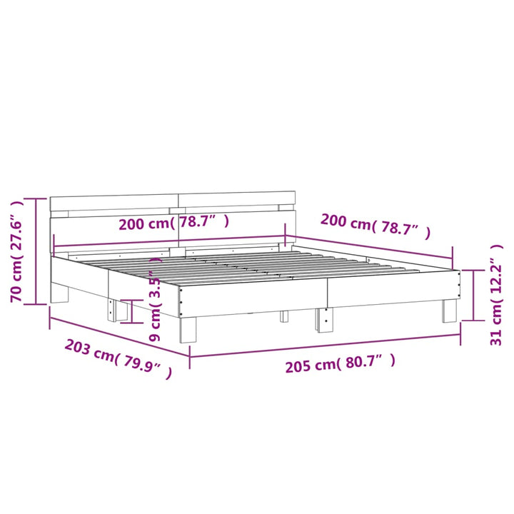 sengeramme med sengegavl 200x200 cm konstrueret træ betongrå