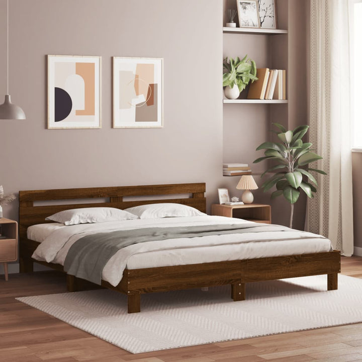 sengeramme med sengegavl 200x200 cm konstrueret træ brunt eg