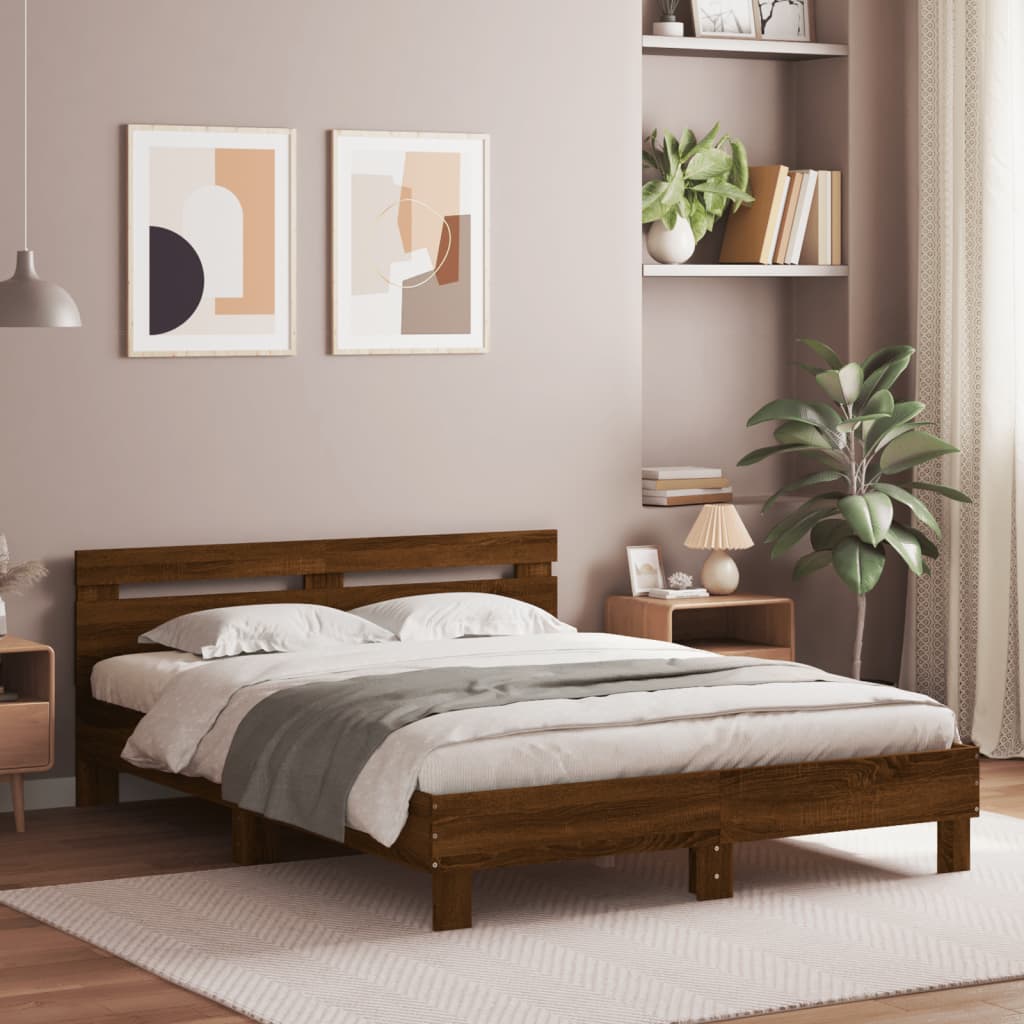 sengeramme med sengegavl 140x200 cm konstrueret træ brunt eg