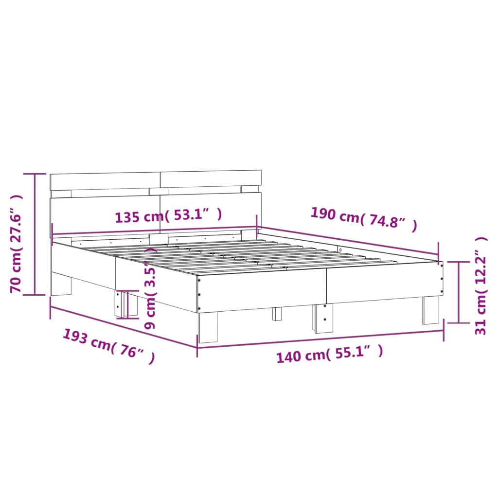 sengeramme med sengegavl 135x190 cm konstrueret træ betongrå